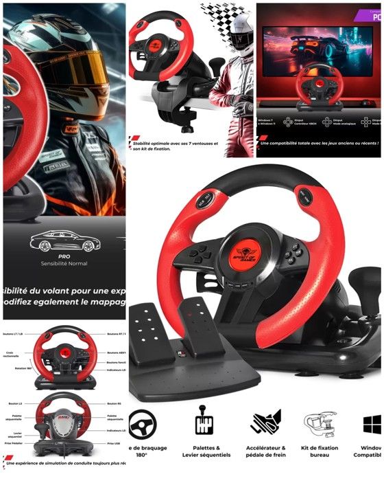 Volant Et Pédales De Jeu Vidéo Race Pro Wheel 1 Compatible Windows 11/ Pc Spirit Of Gamer Programmable 6 Boutons. - vue 2