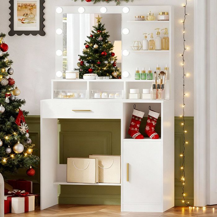 Coiffeuse avec Miroir LEDDressing Table de Maquillage avec 3 étagères et 4 Compartiments Ouvertsavec Grand Tiroir et ArmoireBlanc