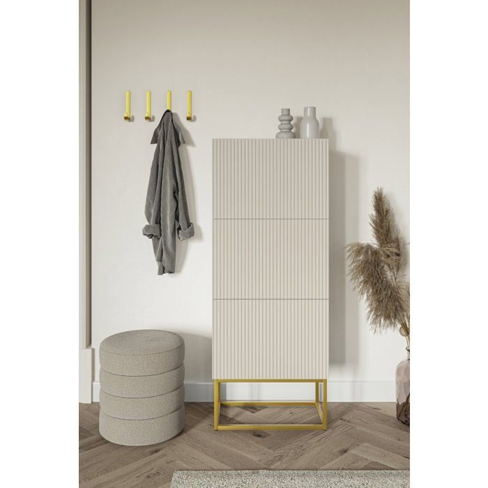 Meuble à chaussures 3 portes - VELDIO - 50x30x125 cm - grège avec pieds dorés