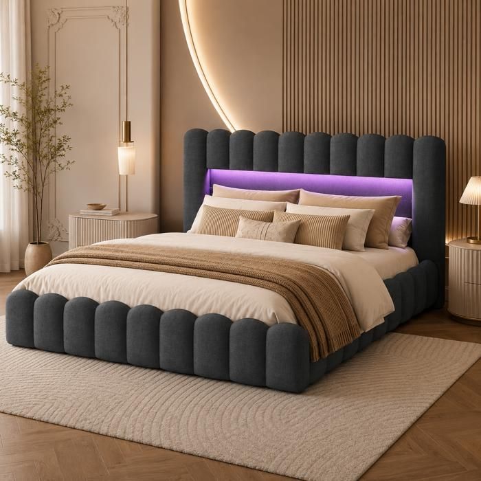 Lit Double Capitonné 140x200cm Lit Coffre avec LED et USB Lit de Rangement Lit en lin Lit Rembourré Lit Adulte Gris