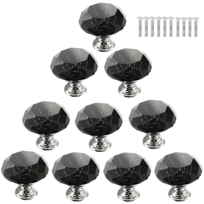 10 x Poignée Bouton de Porte Placard Meuble Tiroir Armoire 30mm Diamant de Verre Cristal avec Vis - Noir
