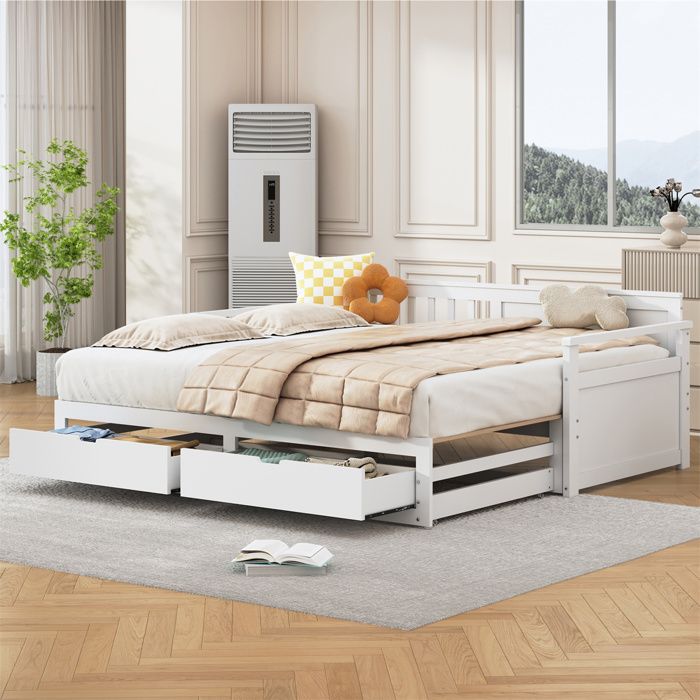Banquette Lit Multifonction 90x190cm avec Lit Gigogne et Tiroirs de Rangement - Pin Massif Blanc