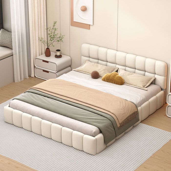 Lit double 160x200 cm lit rembourré RAVAS lit plat avec bordure rembourrée dossier moelleux tissue en lin beige