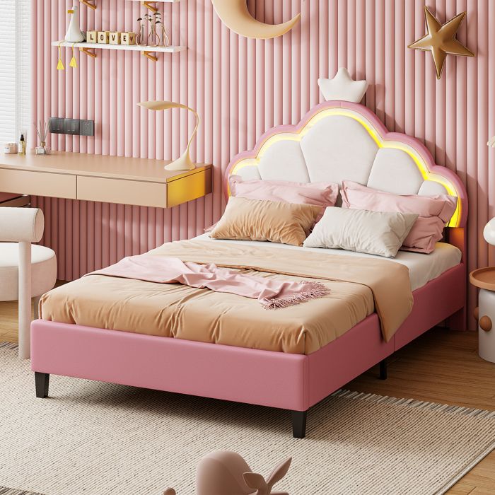 lit enfant 90x200,lit princesse en forme de couronne,lit fille,lit rembourré simple avec sommier à lattes,LED réglable,PU,rose à partir de 112,50 € (juin 2026