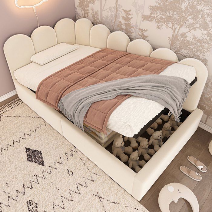 Lit capitonné enfant 90x190 cm Lit coffre hydraulique Lit rembourré en velours avec rangement et sommier à lattes métal - beige