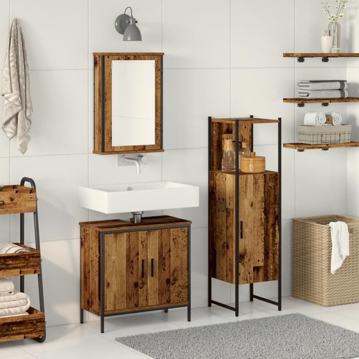 Ensemble de meubles de salle de bain - Bois ancien - 3 pièces - Finition mate - Rangement ample