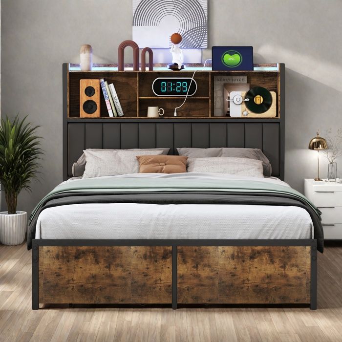 Lit 140x200 Cadre en Fer avec LED et USB et Type-C Lit Double avec 2 Tiroirs de Rangement Lit rembourré sommier à lattes PU Noir