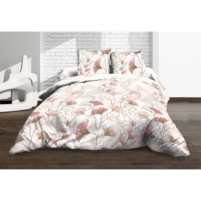 Housse de couette Kyoto 220x240 cm 100% coton - 2 taies 63x63 cm - Rose/Beige tissage 57 fils/cm²