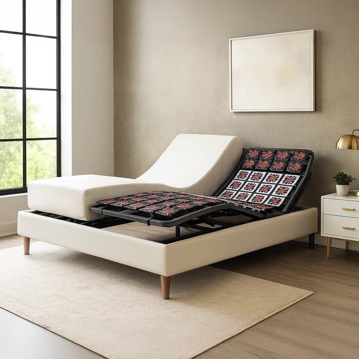 Pack Lit Électrique Matelas 200x200 - Blanc - Sommier relaxation+Contour lit Simili cuir+Matelas