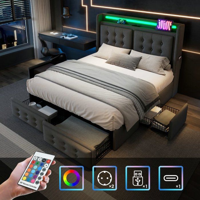 Lit capitonné - LANGTU - gris - 140x200 cm - LED multicolore intégrée - 4 tiroirs + ports 2 prises/USB/Type-C