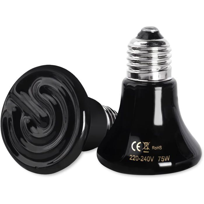 Ampoule céramique 75W 220-240V 2pcs : infrarouge. Poussin/reptile/tortue/chiot/lapin terrarium