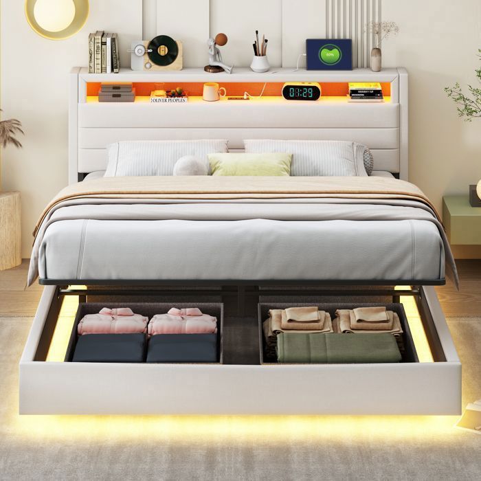 Lit Coffre 160 x 200 cm avec USB et LED Lit Rembourré avec Tête de Lit avec Rangement pour 2 Adultes Lin Beige