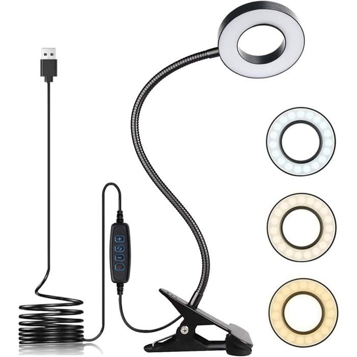 Lampe de bureau à pince LED USB 3 modes déclairage 10 niveaux de luminosité réglables (noir)