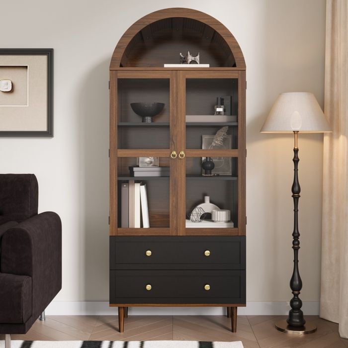 Armoire de Rangement Buffet Haut Salon avec 2 Portes Verre Bombé et 2 Tiroirs Meuble de Rangement Rétro Moderne 70x38x168cm