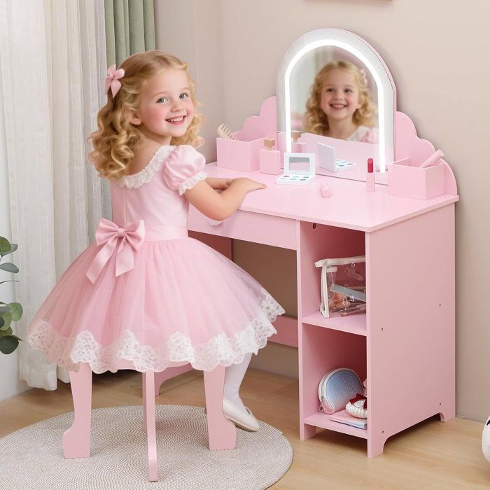 Coiffeuse pour Enfants avec Miroir Lumineux Et Tabouret Bureau pour Enfants avec Etagères De Rangement Ouvertes-rose