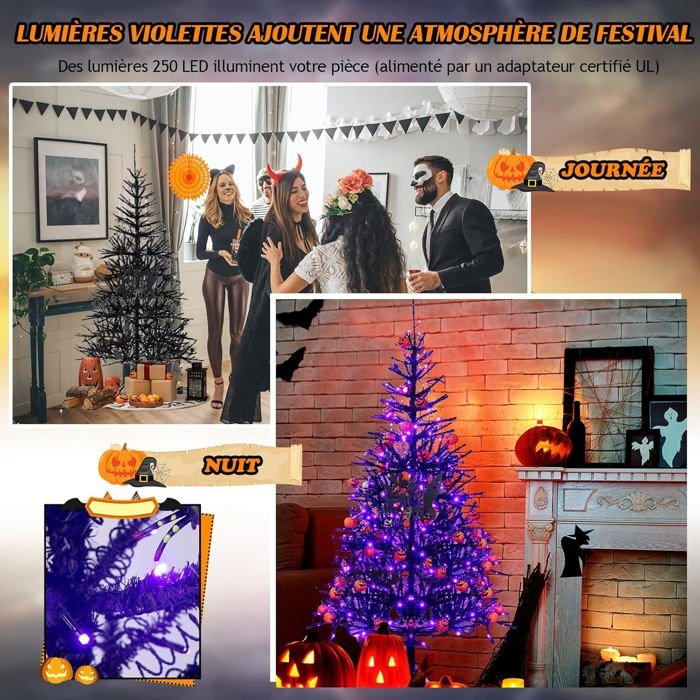 GIANTEX 183CM Sapin d’Halloween Artificiel avec 250 Lampes/Ornements LED 791 Embouts de Branches en PVC Structure d’Arbre