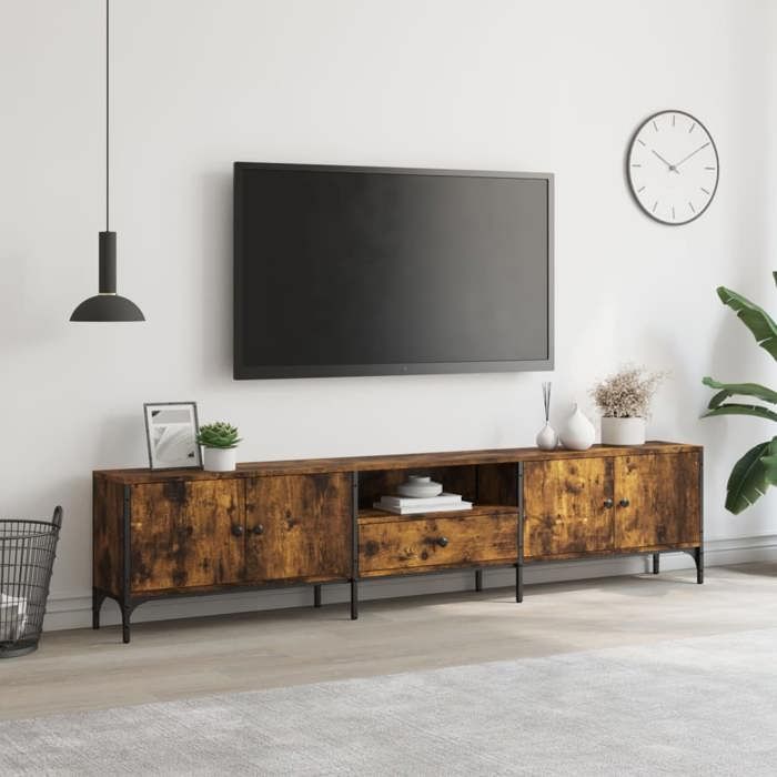 [80654]Meuble TV - TABLE TV Meuble HIFI de salon - à tiroir chêne fumé 200x25x44 cm bois dingénierie Poids:30 Kg