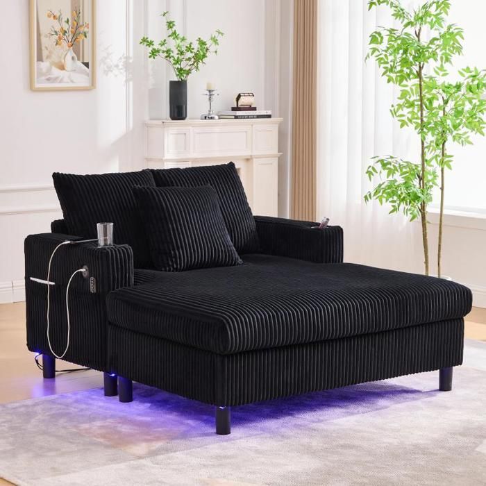 Chaise longue double - VVBV - XXL Velours côtelé - Dossier ergonomique - LED dambiance & USB - Bois massif