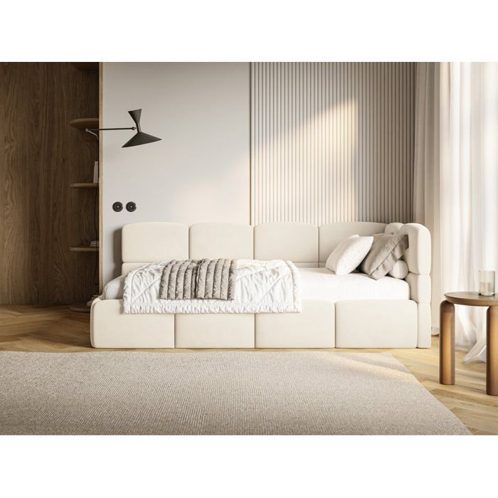 Lit ado – CLOUDY – 120x200 cm – tête de lit à droite – coffre de rangement – velours déperlant crème
