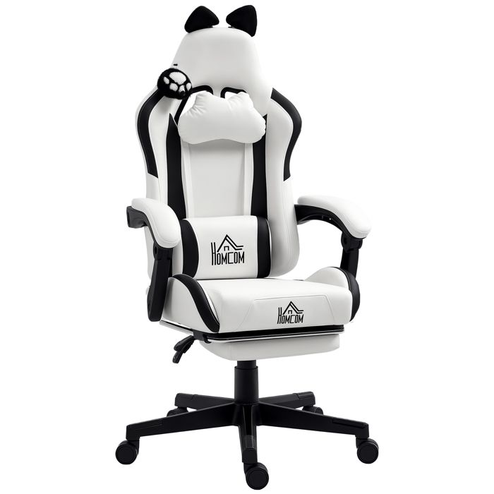 Chaise gaming ergonomique - HOMCOM - avec Oreilles de Chat repose-pieds appui-tête - dossier inclinable hauteur réglable - blanc