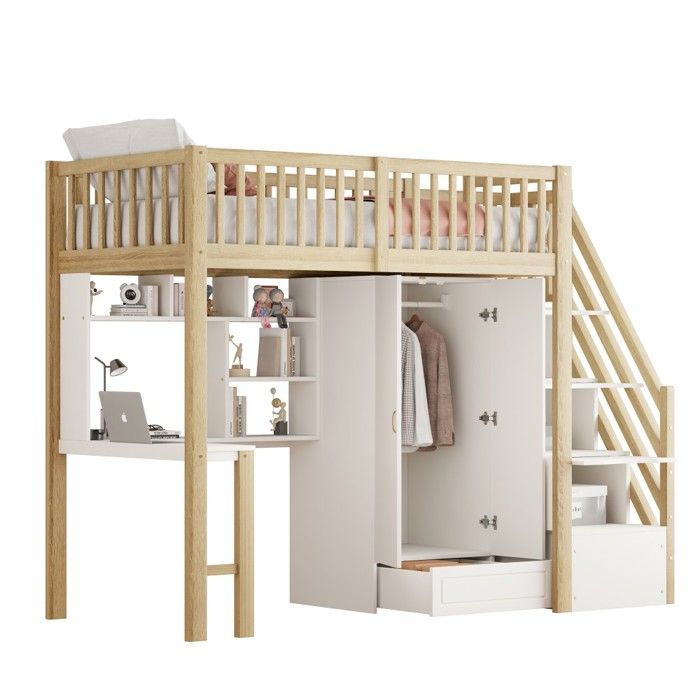 Lit Mezzanine Naturel Blanc 90x200 - Grande Étagère Penderie Table Rangements - Cadre Bois Multifonction Enfant - Sans Matelas Lit Mezzanine Naturel Blanc 90x200 - Grande Étagère Penderie Table Rangements - Cadre Bois Multifonction Enfant - Sans Matelas