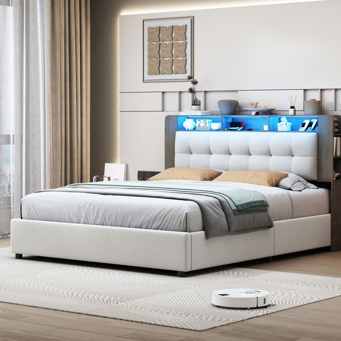 Lit 140x200 cm avec sommier à lattes et éclairage LED avec coffre lit adulte 140x200 cm velours beige.