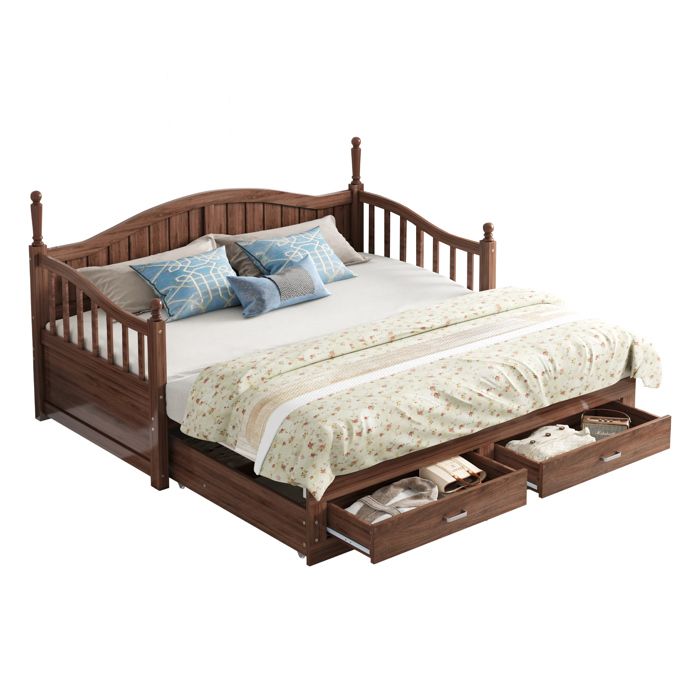 VLIVRA Lit gigogne 2 places 2 tiroirs et dossier courbé 90×190 cm et 180×190 cm sans matelas Bois Noyer Naturel
