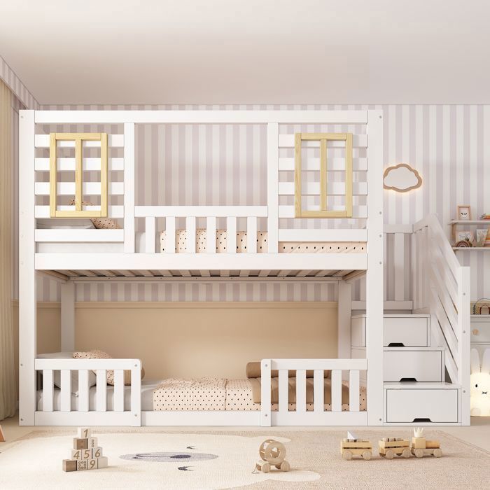 Lit superposé enfant - Cabane 90x200 - Escalier avec rangements - Armoire intégrée - Blanc
