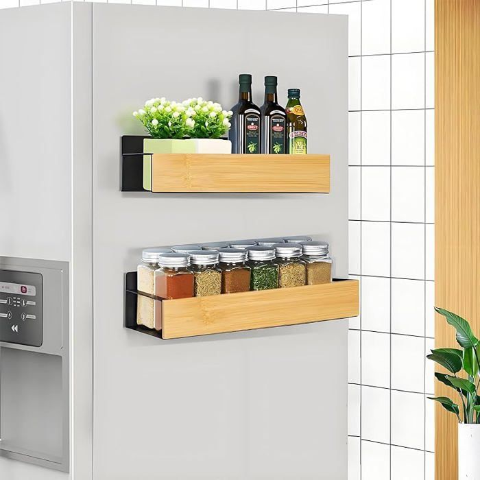 Étagère Magnétique Frigo 2 Pièces Porte Épices Magnétique Bois Etagere Aimantée Frigo Range Epice 2 Pièces Bambou MEUBLE A EPICES