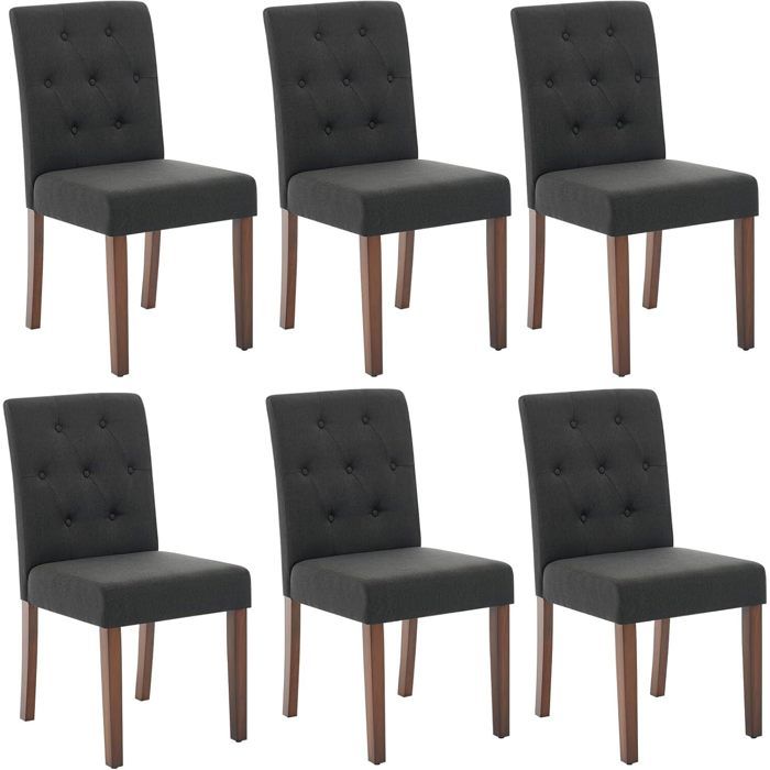 Lot de 6 Chaises de Salle à Manger avec boutons Tissu en Lin Doux Pieds en Bois Robustes Chaises dAppoint Confortables noir