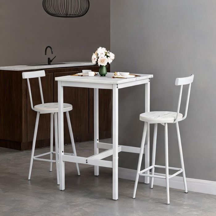 Set table de bar et 2 tabourets industriels blancs en acier et panneaux de particules 60x60x92 cm