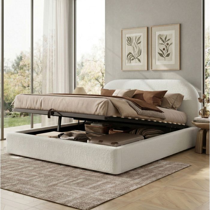HOMVRA Lit coffre 160 x 200 cm avec sommier à lattes rangement hydraulique bouclé beige