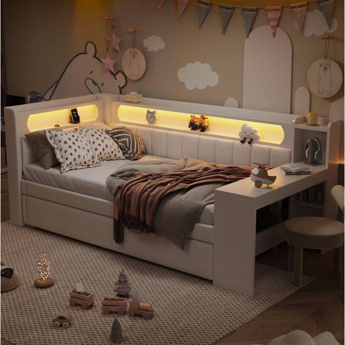 Lit de jour rembourré 90 x 200 cm avec lit gigogne bureau étagères USB et LED 7 couleurs blanc