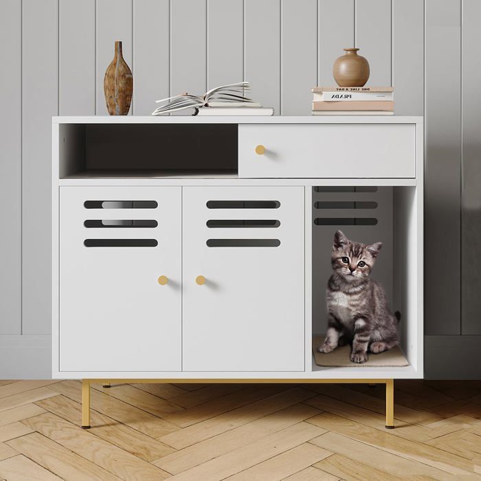 Garvee Meuble Cache-Litière Chat Blanc Table dAppoint Double Porte Tapis Griffoir Design Anti-Chien & Ventilé