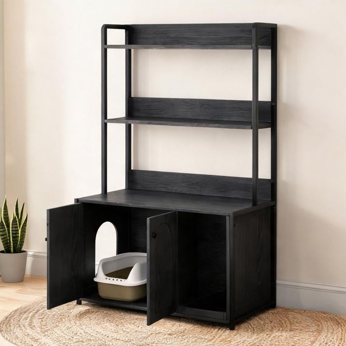 Meuble cache-litière XXL 89 5 cm avec rangement armoire chat en métal et bois noir