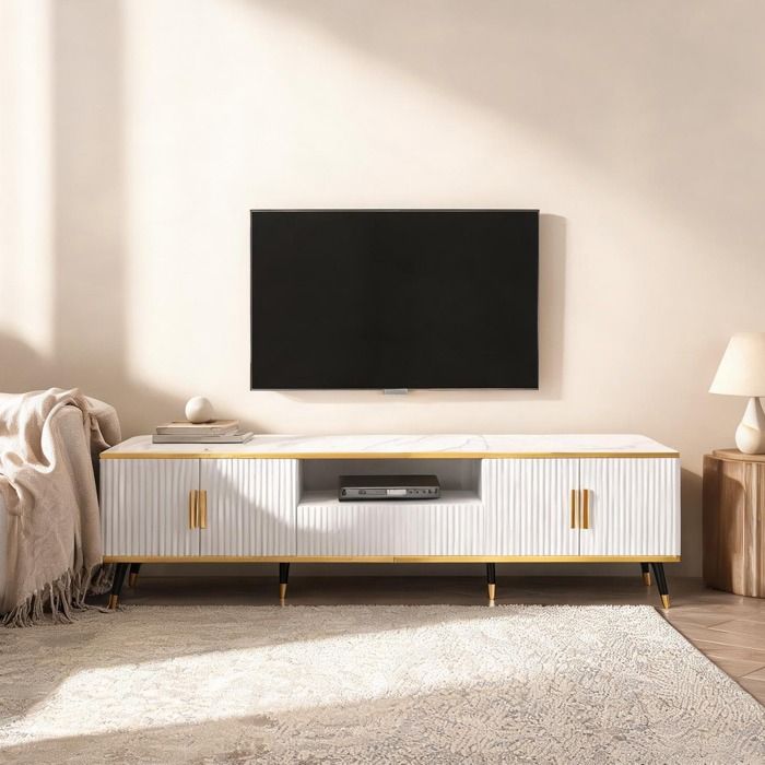 Meuble TV bas design 200 cm panneau de particules soft white effet marbre portes et tiroir pour écran jusquà 90 pouces