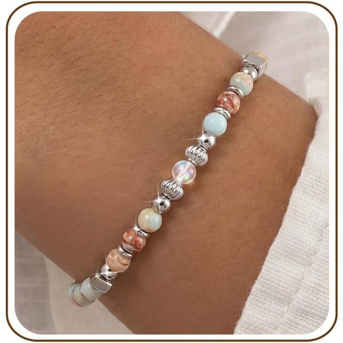 Bracelet Femme Bracelet Pierre Naturelle Femme Bracelet Perles Acier Inoxydable Pierre De Lune Réglable Bijoux Femme Cadeau [PP357]