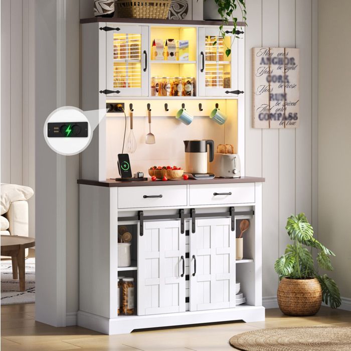 ROVRYN Buffet de cuisine 180 x 108 x 40 cm avec LED RGB prise intégrée 6 tiroirs MDF blanc