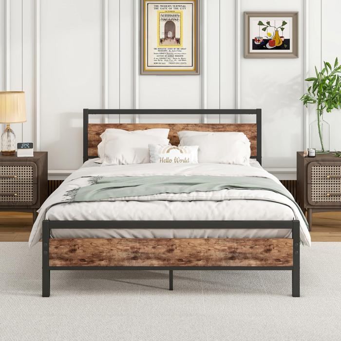 WOVREO Cadre de lit 140 x 200 cm avec sommier a lattes en acier MDF et metal rangement 27 cm marron antique