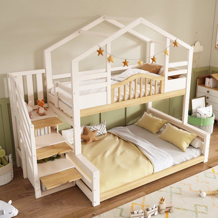 Lit superposé cabane blanc et bois 90x200 140x200 escalier rangement et étagères intégrées pour enfants