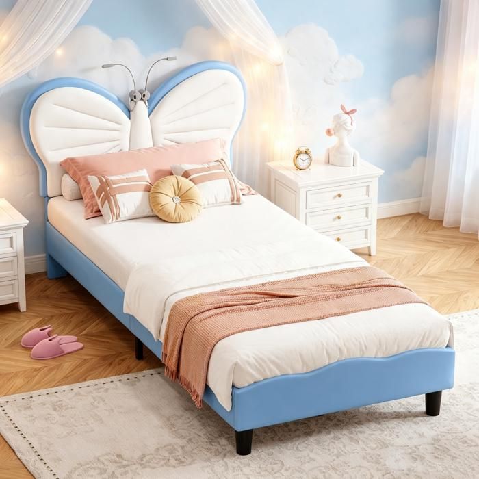 Lit enfant 90x200 en velours Sommier à lattes Tête papillon avec lampe de lecture Structure bois/métal Bleu