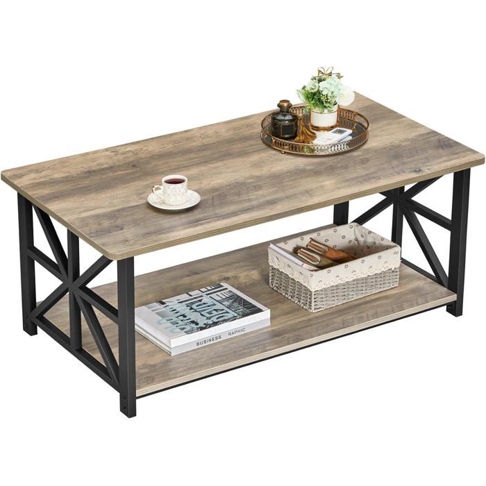 Table basse 2 niveaux de rangement 100 x 52 cm - cadre en X bois et métal gris - salon lot de 1
