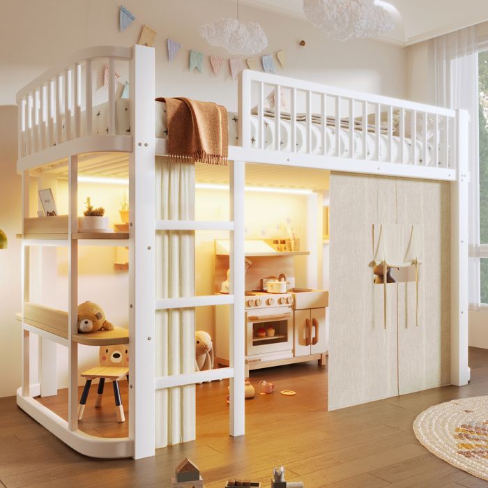 Lit mezzanine enfant 90x200 cm en métal avec rideaux occultants étagères espace inférieur modulable garde-corps LED APP - Blanc