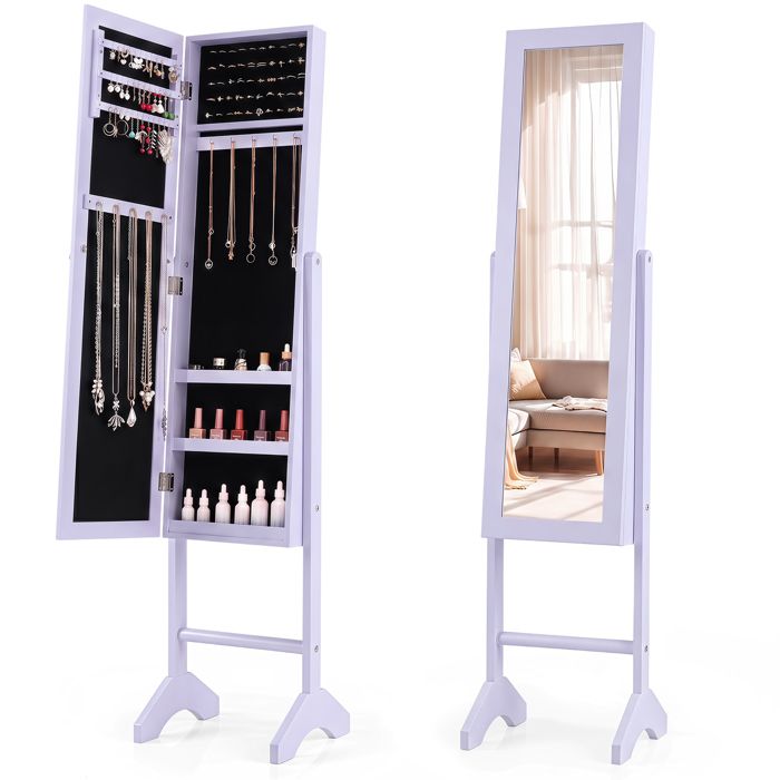 Armoire à Bijoux sur Pieds COSTWAY Miroir Pleine Longueur Rangement de Bijoux pour Dressing Dispositif Anti-basculement Violet