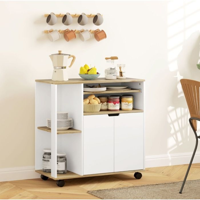 Meuble rangement cuisine roulant 80x40x82 cm avec plan de travail armoire 2 portes étagères réglables blanc VEVXYN