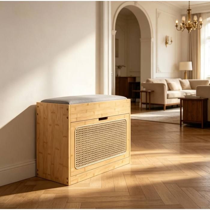 Banc à chaussures avec assise rembourrée et étagère réglable - BEAUNIV - bambou rotin PE naturel gris