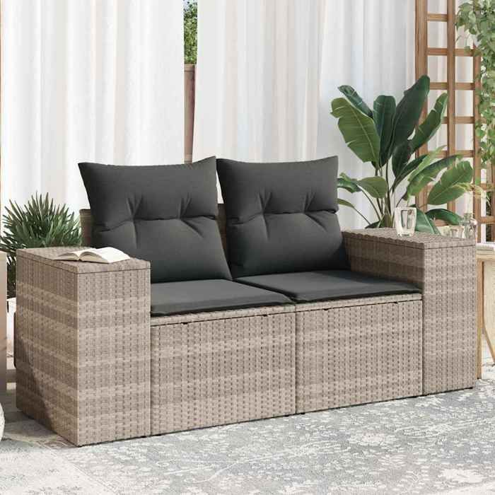 Gris Canapé de jardin 2 places et coussins gris clair résine tressée - Siège de balcon LV64870