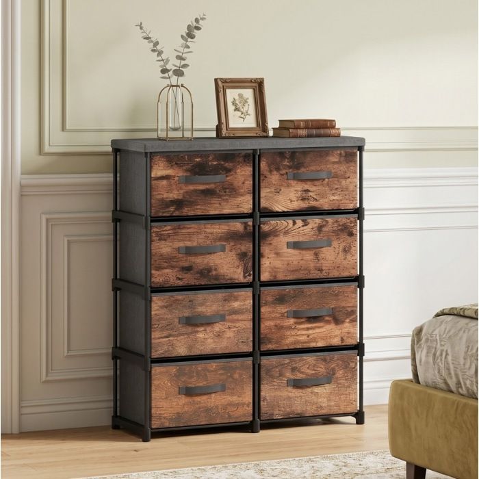 Commode 8 tiroirs en tissu avec structure métallique et aspect bois rustique - YEAVIO - Chambre Salon 84 5×30 5×100 cm