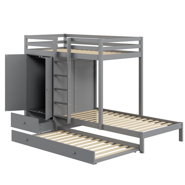 ROVRYN Lit superposé 90x200 avec lit gigogne armoire intégrée tiroirs et étagère bois gris