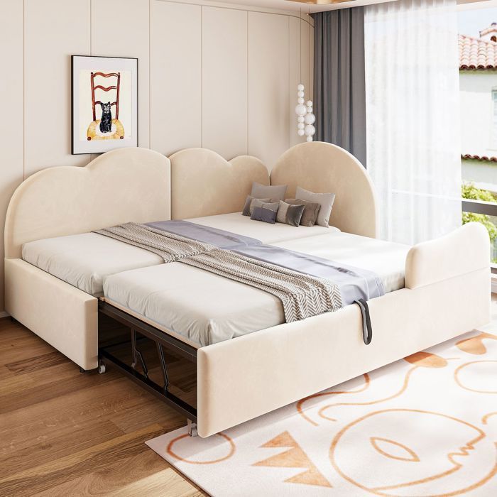 Lit Gigogne 90 x 200 + 90 x 190 cm Canapé-Lit extensible en L Tête de Lit forme nuage Revêtement velours beige Structure rembourrée